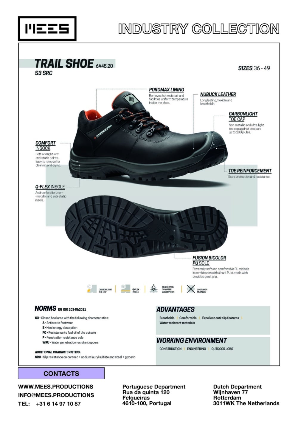 TRAIL SHOE industrial S3 safety work boots with anti-slip outsole