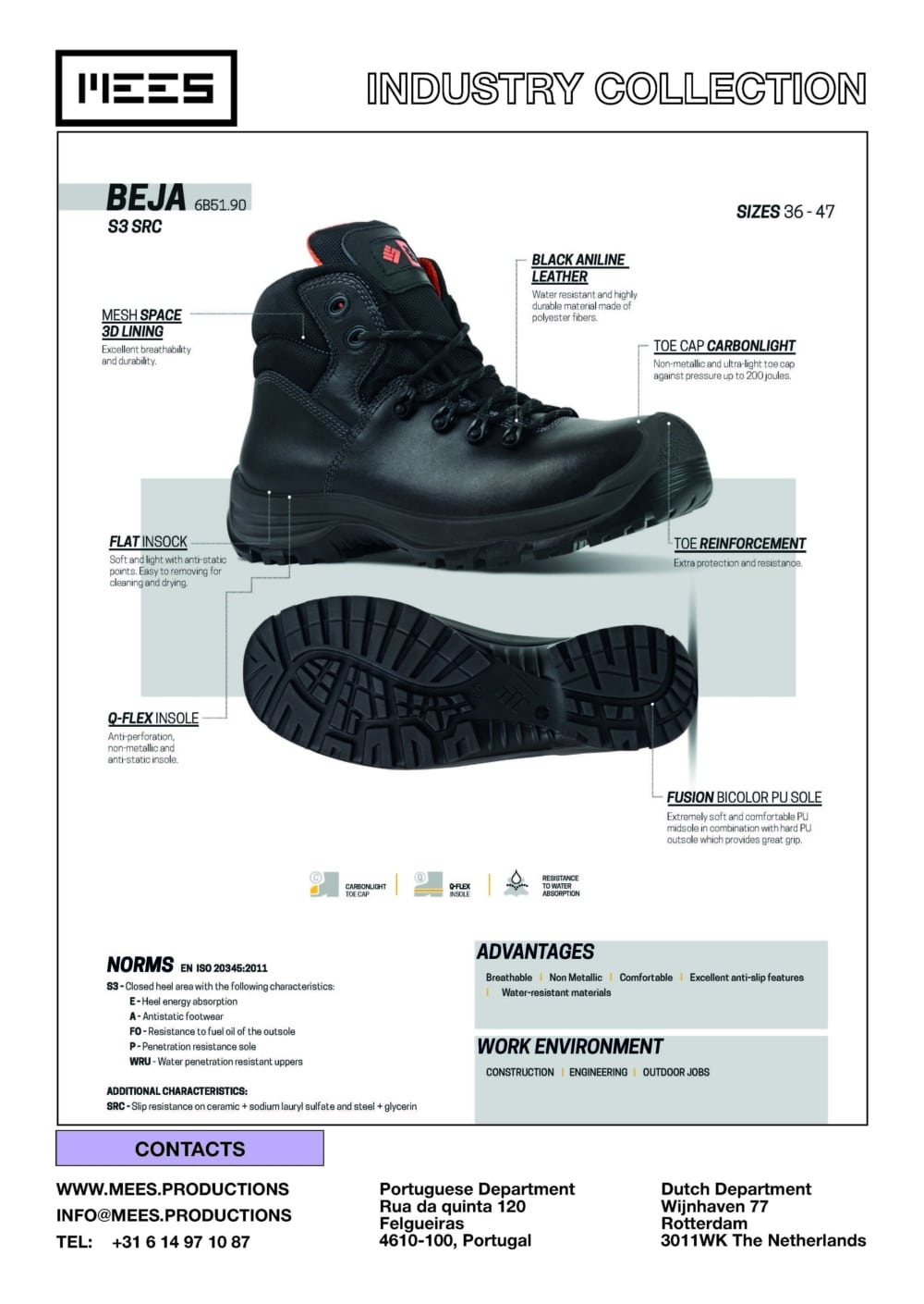 BEJA industrial S3 safety work boots with anti-slip outsole