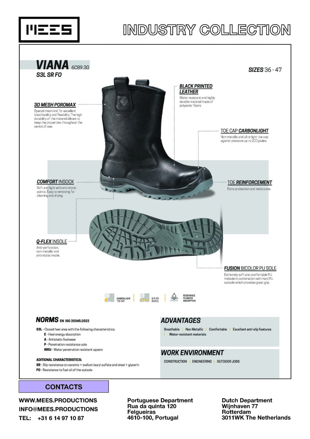 VIANA industrial S3L safety work boots with anti-slip outsole
